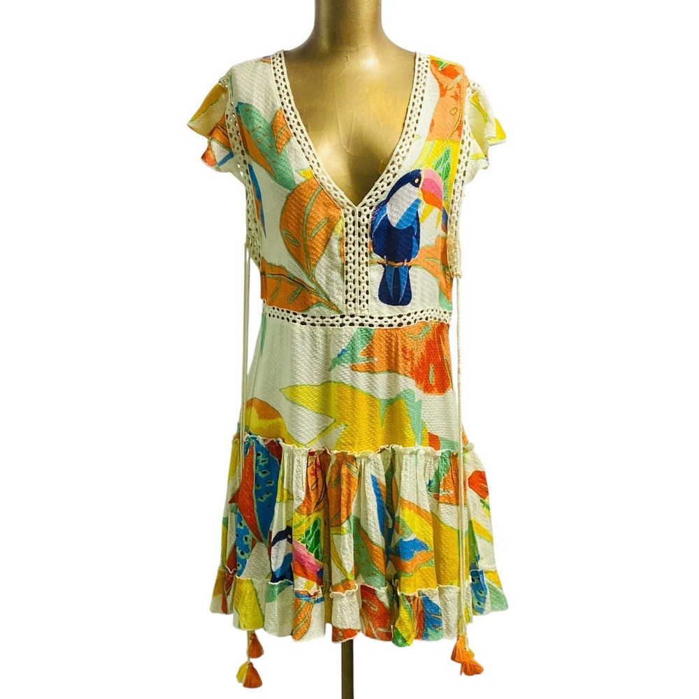 Z&L EUROPE Tassel Tie Lace Ruffle Tiered Mini Dress Toucan Print Tropical Med